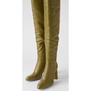 Zara High Leg Over the Knee Leather Block Heel Boots Khaki Sage Classic 6 New
